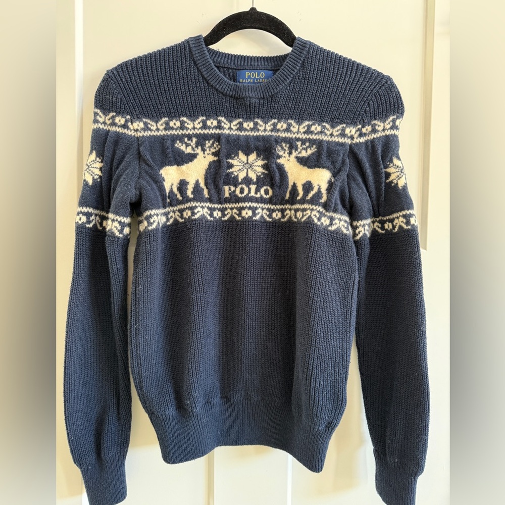 Ralph Lauren Polo Navy Blue Reindeer Moose Sweater Size 14/16 A12